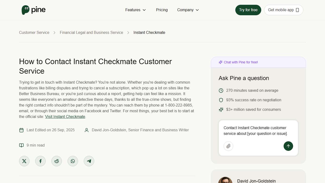 How to Contact Instant Checkmate Customer Service | Pine AI