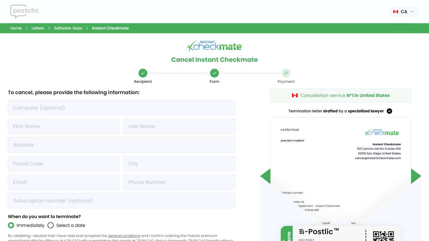 Cancel Instant Checkmate Online | Postclic